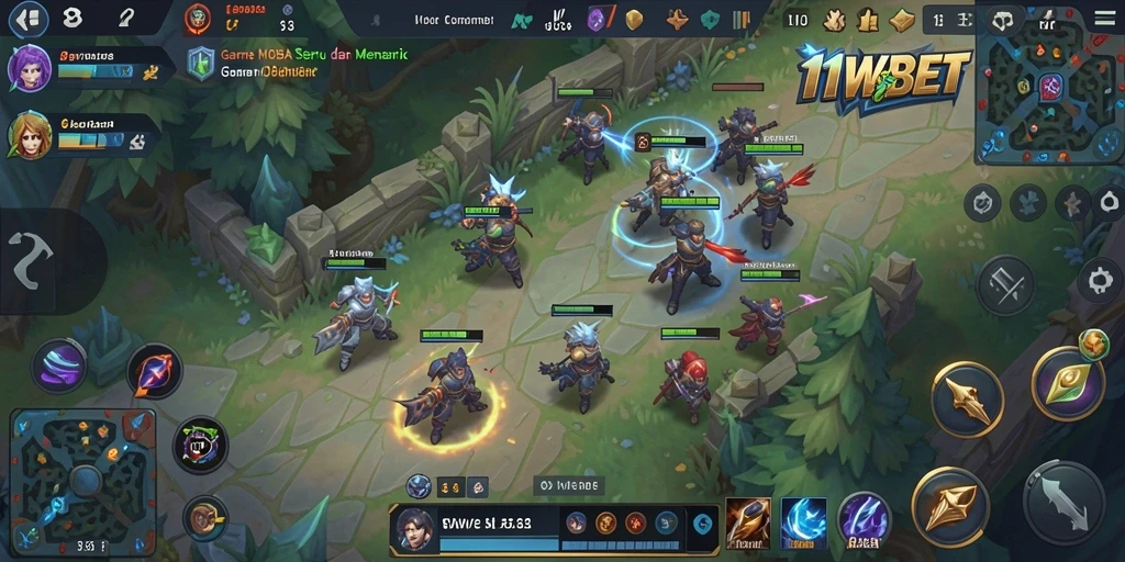 Tampilan gameplay seru di 11WBET dengan aksi MOBA yang intens.