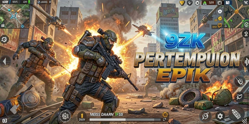 Tampilan gameplay intens dalam pertempuran FPS di 9ZK.