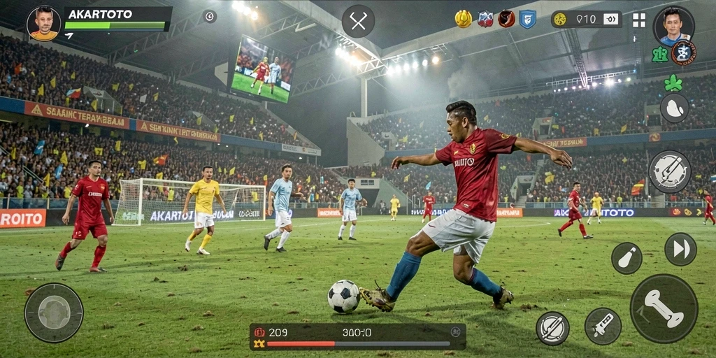Tampilan gameplay mendebarkan dari AKARTOTO yang mengajak Anda merasakan atmosfer pertandingan sepak bola.