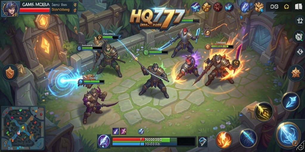 Gameplay seru HQ777 dalam pertempuran MOBA.