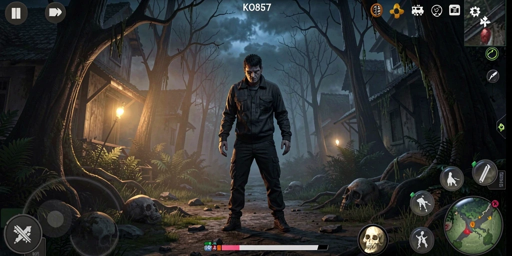 Gameplay menakutkan dalam KO857 dengan suasana kegelapan menakutkan.