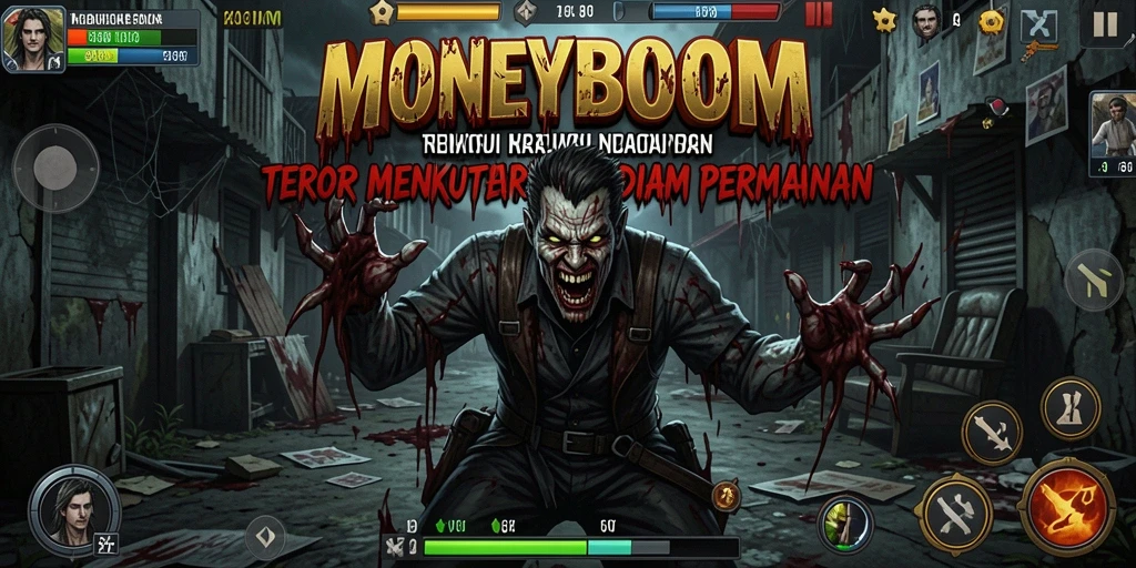 Screenshot MONEYBOOM menampilkan momen menakutkan dengan makhluk menyeramkan.