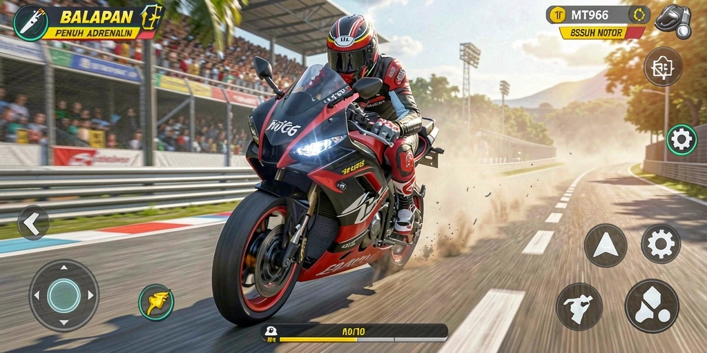 Screenshot gameplay MT966 menampilkan balapan motor yang seru dan mendebarkan.