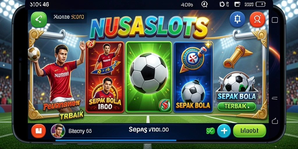 Screenshot gameplay NUSASLOTS yang menampilkan aksi slot sepak bola.