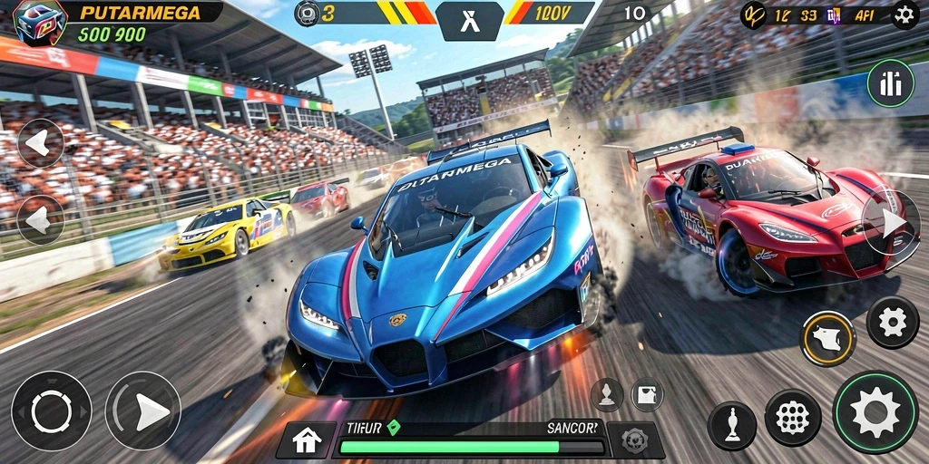 Gameplay PUTARMEGA menampilkan aksi balapan yang mendebarkan.