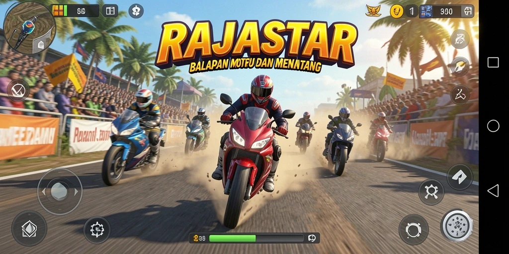 Gameplay seru RAJASTAR dengan balapan motor di trek menantang.