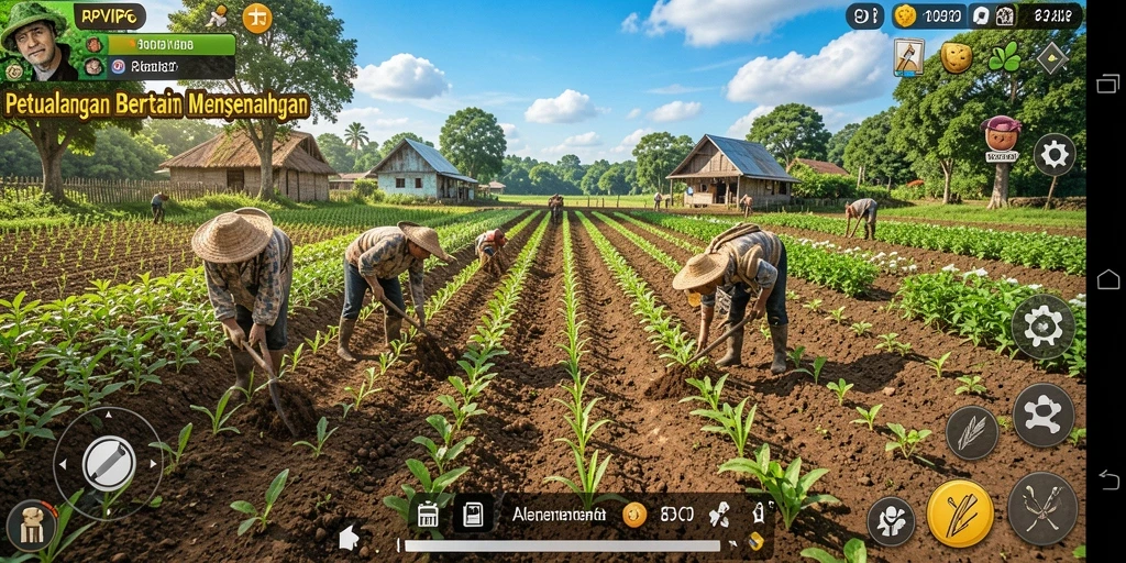 Screenshot gameplay RPVIP6 yang menunjukkan aktivitas bertani yang menyenangkan.