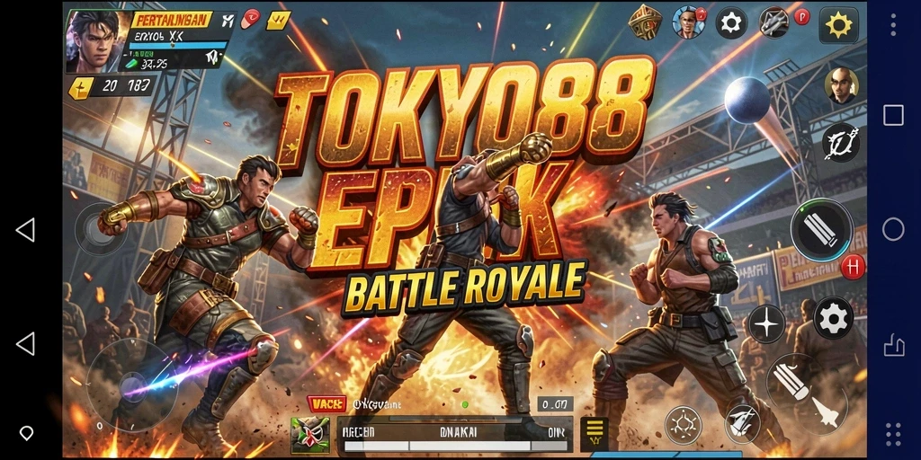 Tangkapan layar utama TOKYO88 menampilkan aksi intense saat bertarung dalam Battle Royale.
