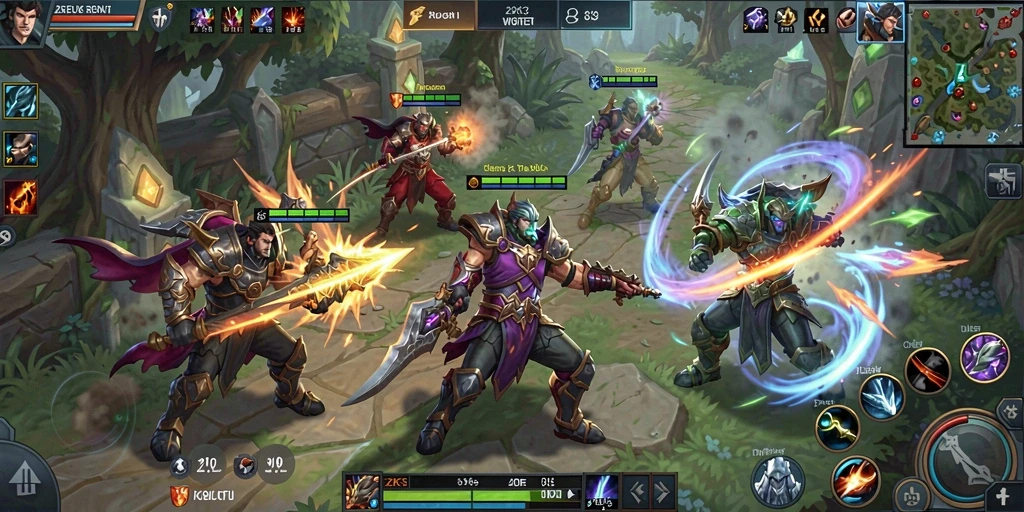 Screenshot gameplay ZK3 menunjukkan aksi pertempuran MOBA yang mendebarkan.